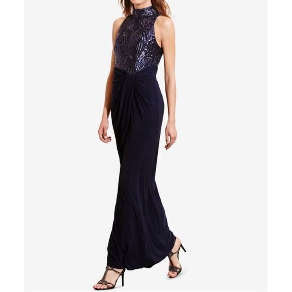 Lauren Ralph Lauren Sequin Mock Neck Evening Gown Navy Sz 12 Formal Maxi $240 - Picture 1 of 16